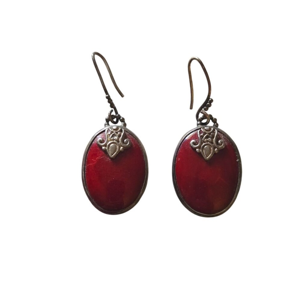Handmade Sterling Silver Red Coral  Earrings Signed A.F 925 Boho Filigree Oval D
